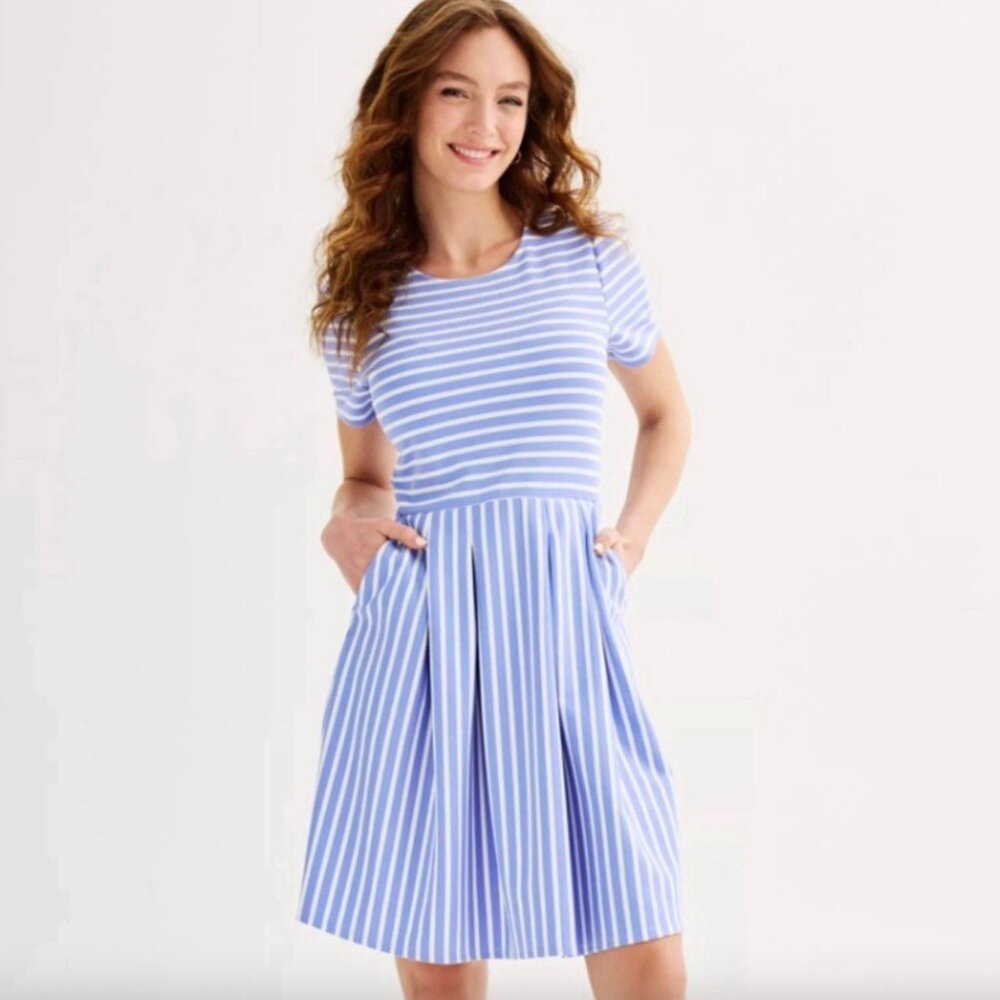 NWT Draper James Short Sleeve Knit Blue And White Striped Dress In XS